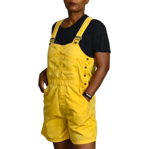 Vintage Bib Overalls Shorts Yellow Cotton Denim Shortalls 90s Y2k Size Medium - Picture 11 of 16